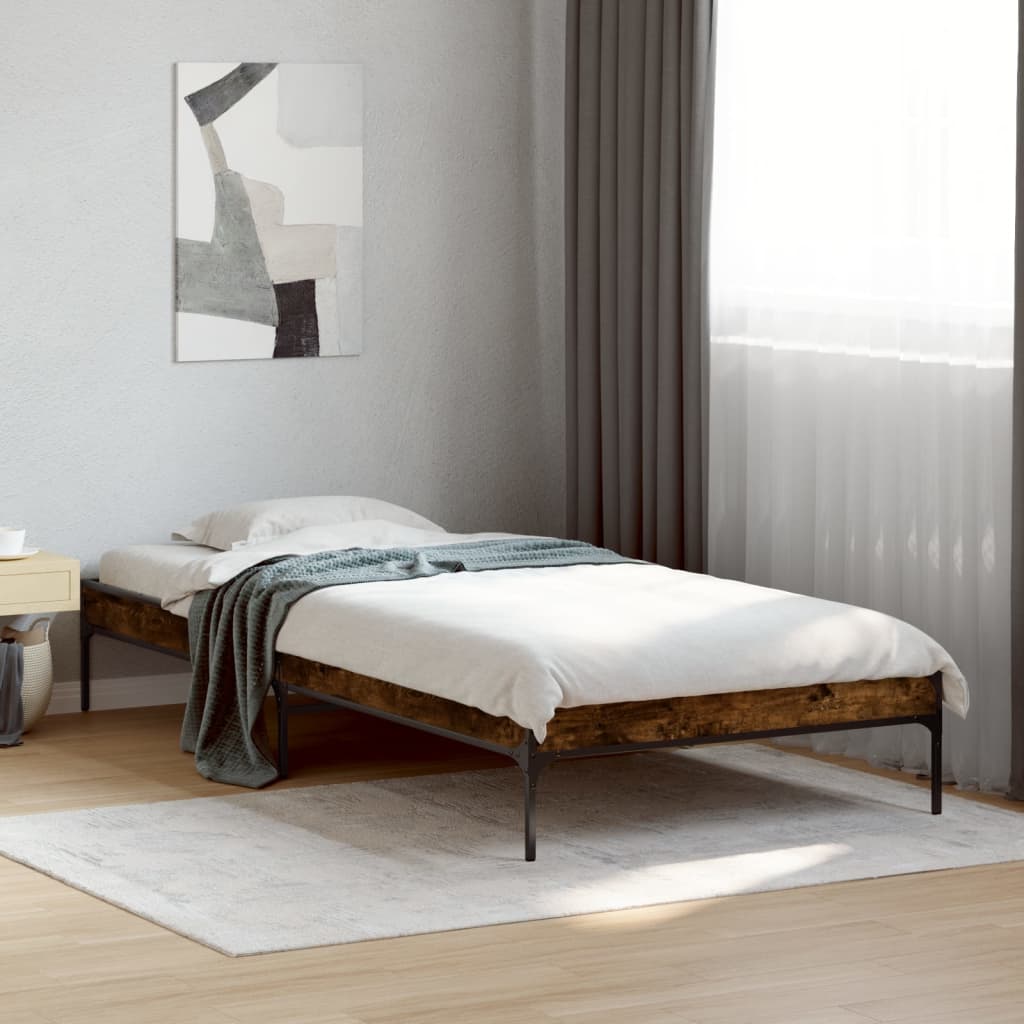 Bedframe bewerkt hout en metaal gerookt eikenkleurig 100x200 cm is nu te koop bij PeponiXL, paradijselijk wonen!