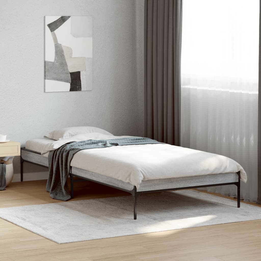 Bedframe bewerkt hout en metaal grijs sonoma eiken 100x200 cm is nu te koop bij PeponiXL, paradijselijk wonen!