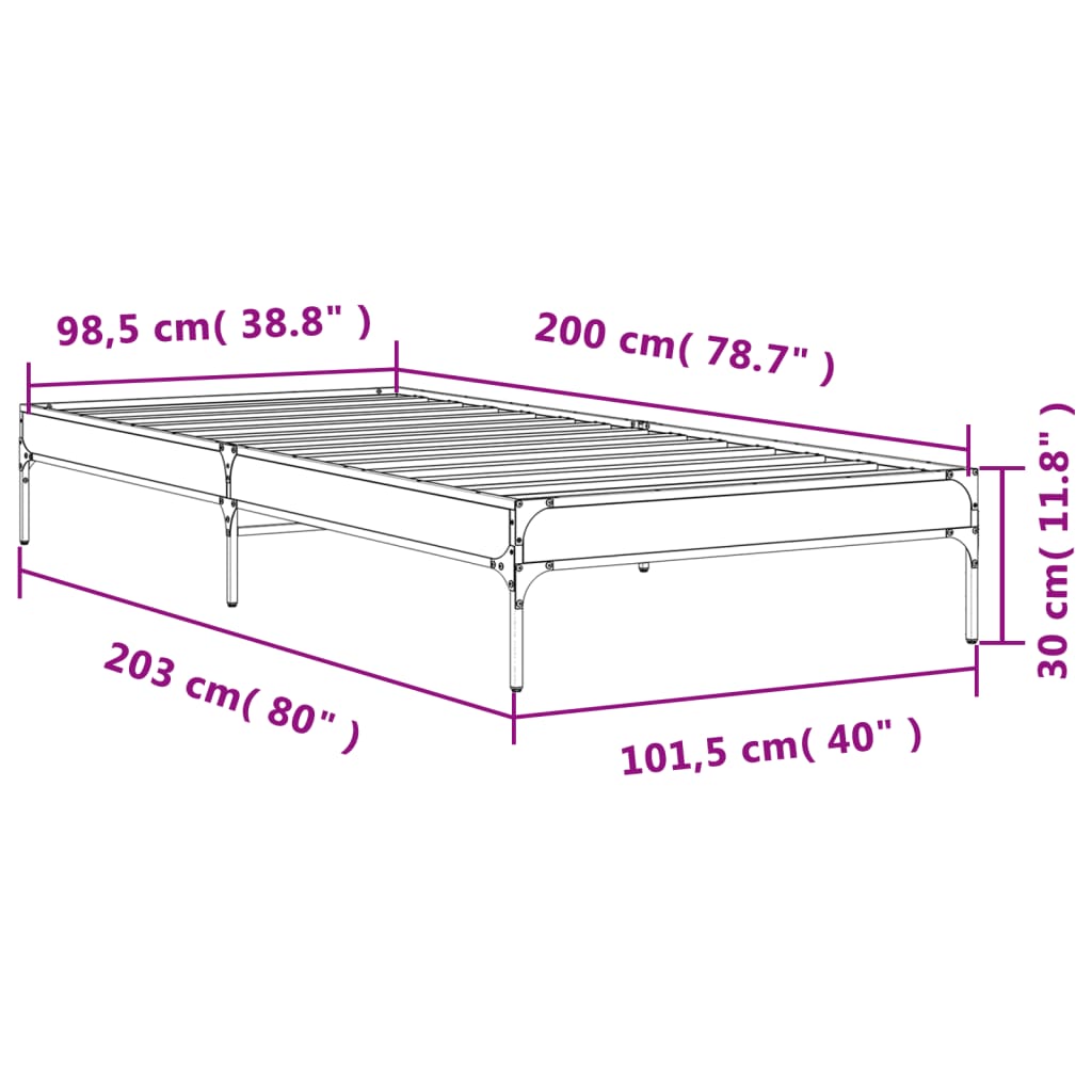 Bedframe bewerkt hout en metaal grijs sonoma eiken 100x200 cm is nu te koop bij PeponiXL, paradijselijk wonen!