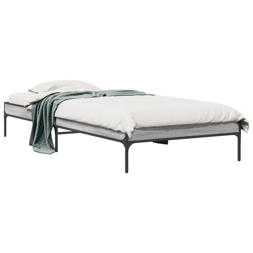 Bedframe bewerkt hout en metaal grijs sonoma eiken 100x200 cm is nu te koop bij PeponiXL, paradijselijk wonen!