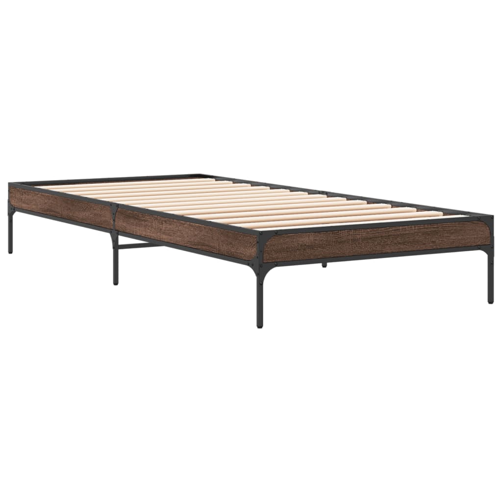 Bedframe bewerkt hout en metaal bruin eikenkleurig 100x200 cm is nu te koop bij PeponiXL, paradijselijk wonen!