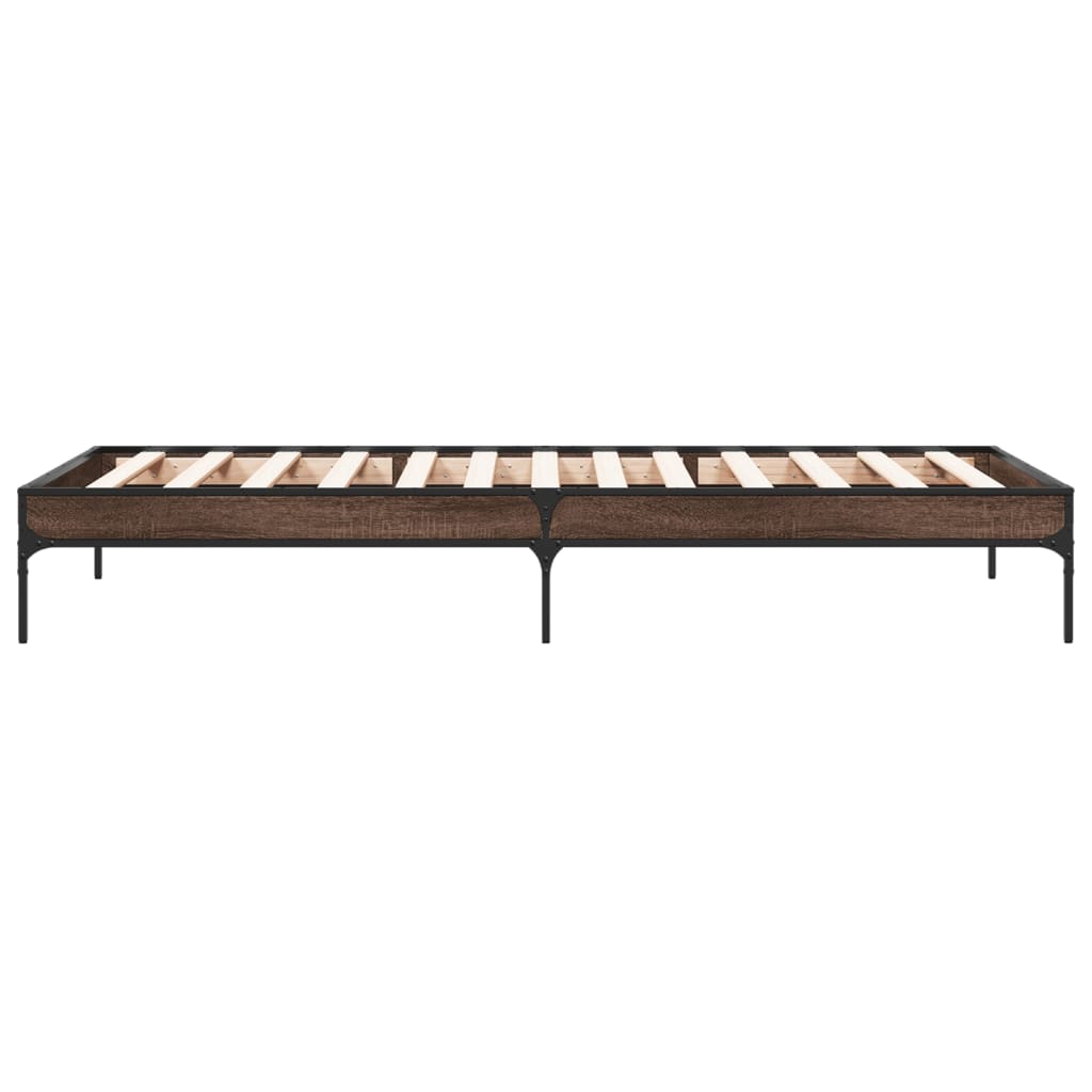 Bedframe bewerkt hout en metaal bruin eikenkleurig 100x200 cm is nu te koop bij PeponiXL, paradijselijk wonen!