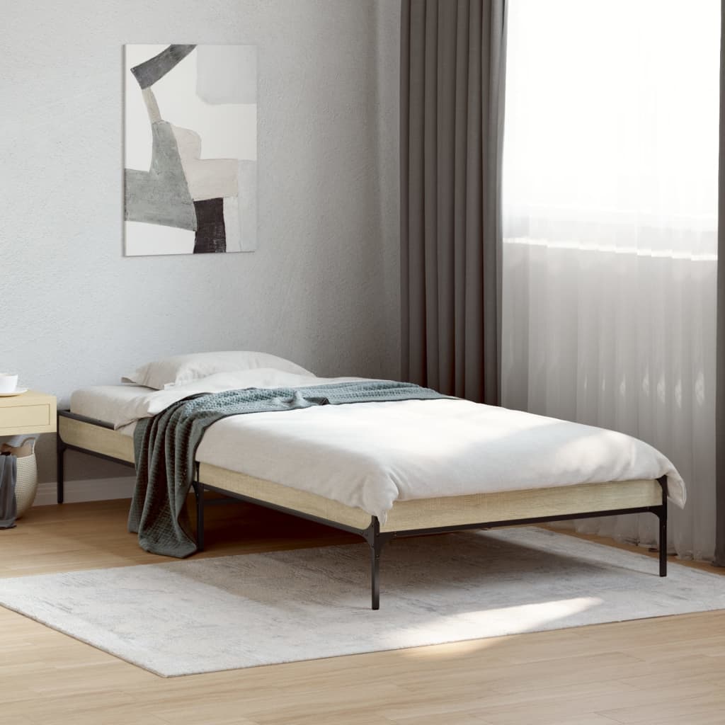 Bedframe bewerkt hout en metaal sonoma eikenkleurig 90x200 cm is nu te koop bij PeponiXL, paradijselijk wonen!