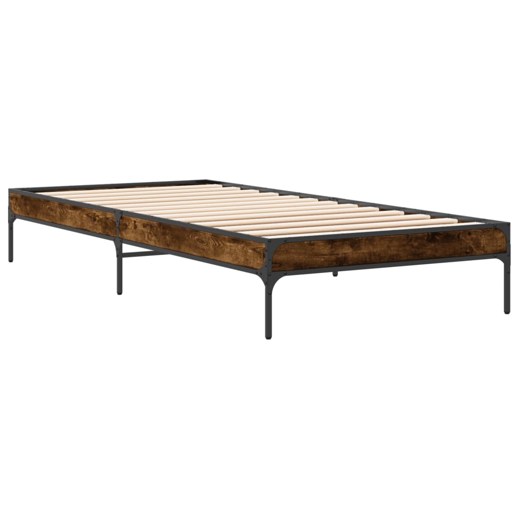 Bedframe bewerkt hout en metaal gerookt eikenkleurig 90x200 cm is nu te koop bij PeponiXL, paradijselijk wonen!