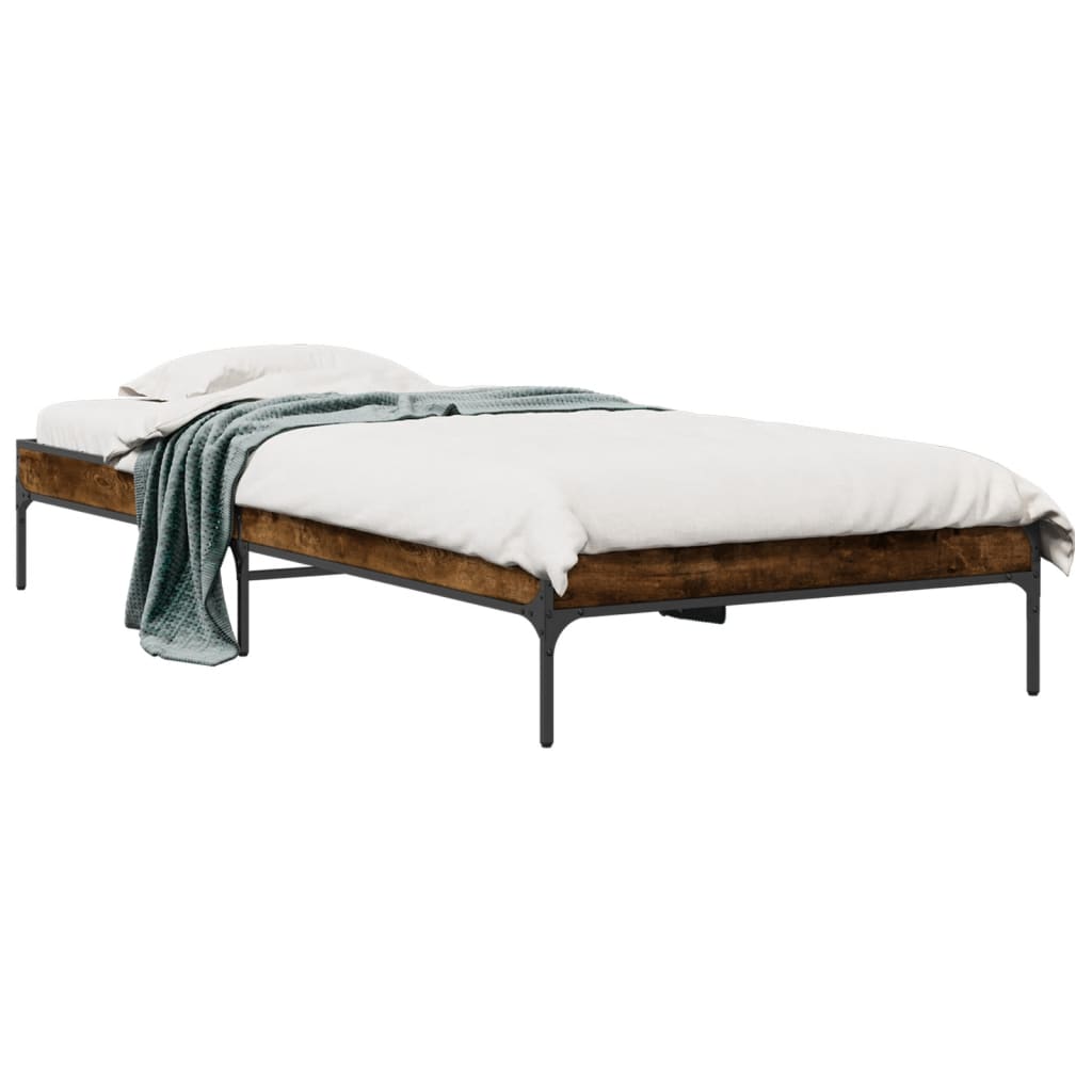 Bedframe bewerkt hout en metaal gerookt eikenkleurig 90x200 cm is nu te koop bij PeponiXL, paradijselijk wonen!