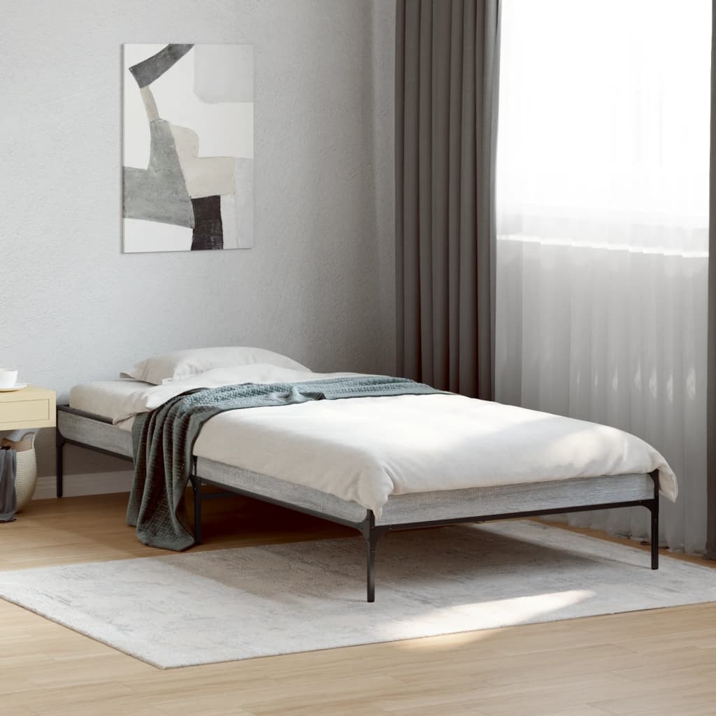 Bedframe bewerkt hout en metaal grijs sonoma eiken 90x200 cm is nu te koop bij PeponiXL, paradijselijk wonen!