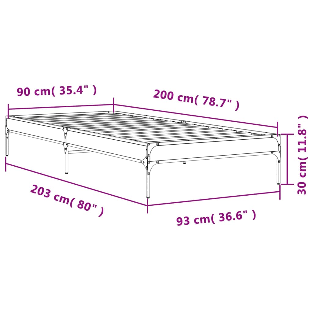 Bedframe bewerkt hout en metaal grijs sonoma eiken 90x200 cm is nu te koop bij PeponiXL, paradijselijk wonen!
