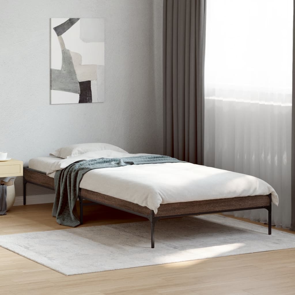 Bedframe bewerkt hout en metaal bruin eikenkleurig 90x200 cm is nu te koop bij PeponiXL, paradijselijk wonen!