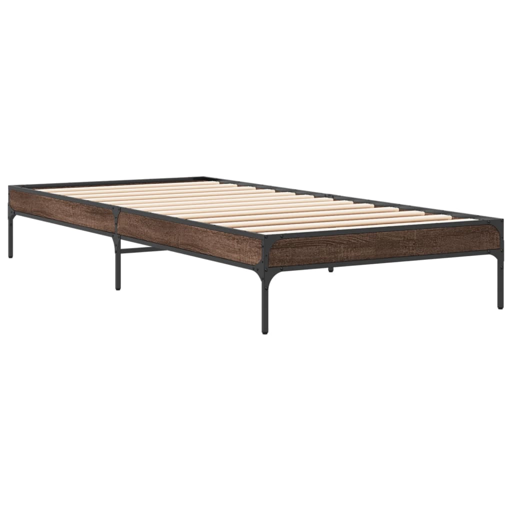 Bedframe bewerkt hout en metaal bruin eikenkleurig 90x200 cm is nu te koop bij PeponiXL, paradijselijk wonen!