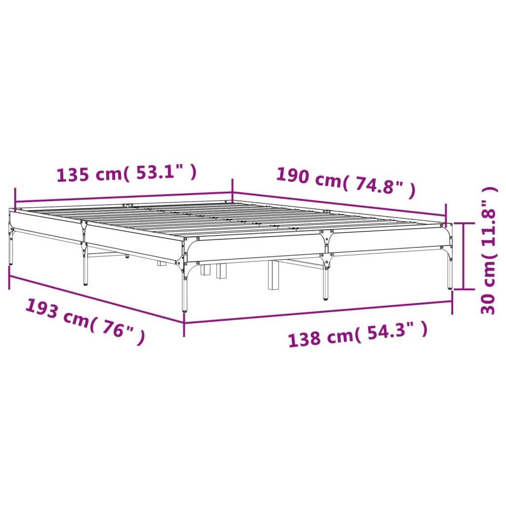 Bedframe bewerkt hout metaal grijs sonoma eiken 135x190 cm is nu te koop bij PeponiXL, paradijselijk wonen!