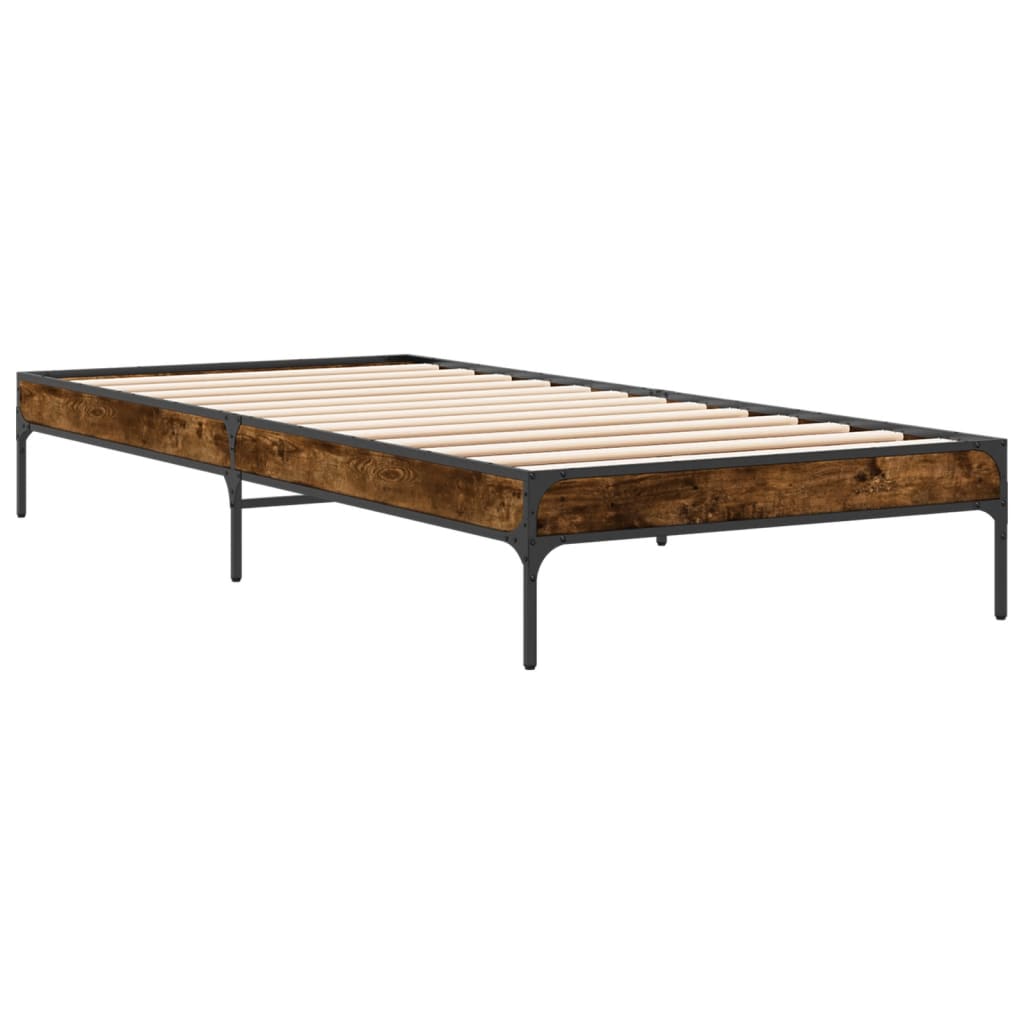 Bedframe bewerkt hout en metaal gerookt eikenkleurig 90x190 cm is nu te koop bij PeponiXL, paradijselijk wonen!