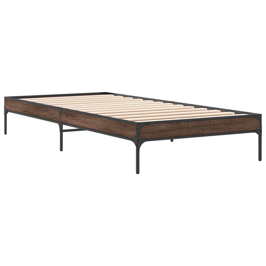 Bedframe bewerkt hout en metaal bruin eikenkleurig 90x190 cm is nu te koop bij PeponiXL, paradijselijk wonen!