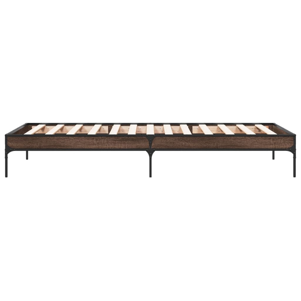 Bedframe bewerkt hout en metaal bruin eikenkleurig 90x190 cm is nu te koop bij PeponiXL, paradijselijk wonen!