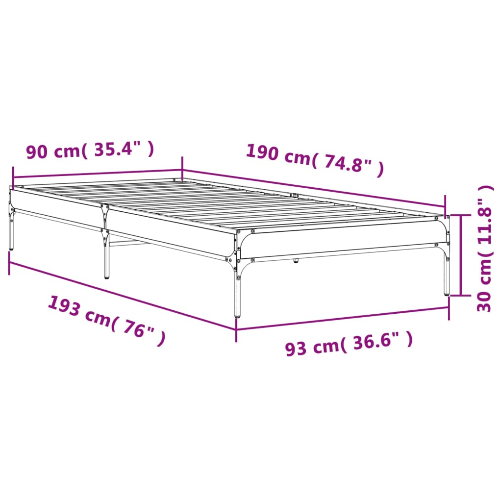 Bedframe bewerkt hout en metaal bruin eikenkleurig 90x190 cm is nu te koop bij PeponiXL, paradijselijk wonen!