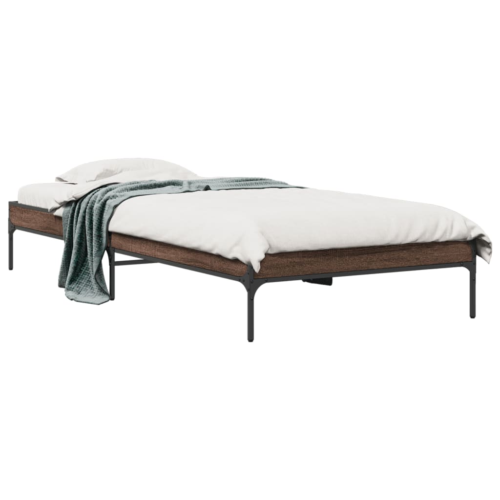 Bedframe bewerkt hout en metaal bruin eikenkleurig 75x190 cm is nu te koop bij PeponiXL, paradijselijk wonen!