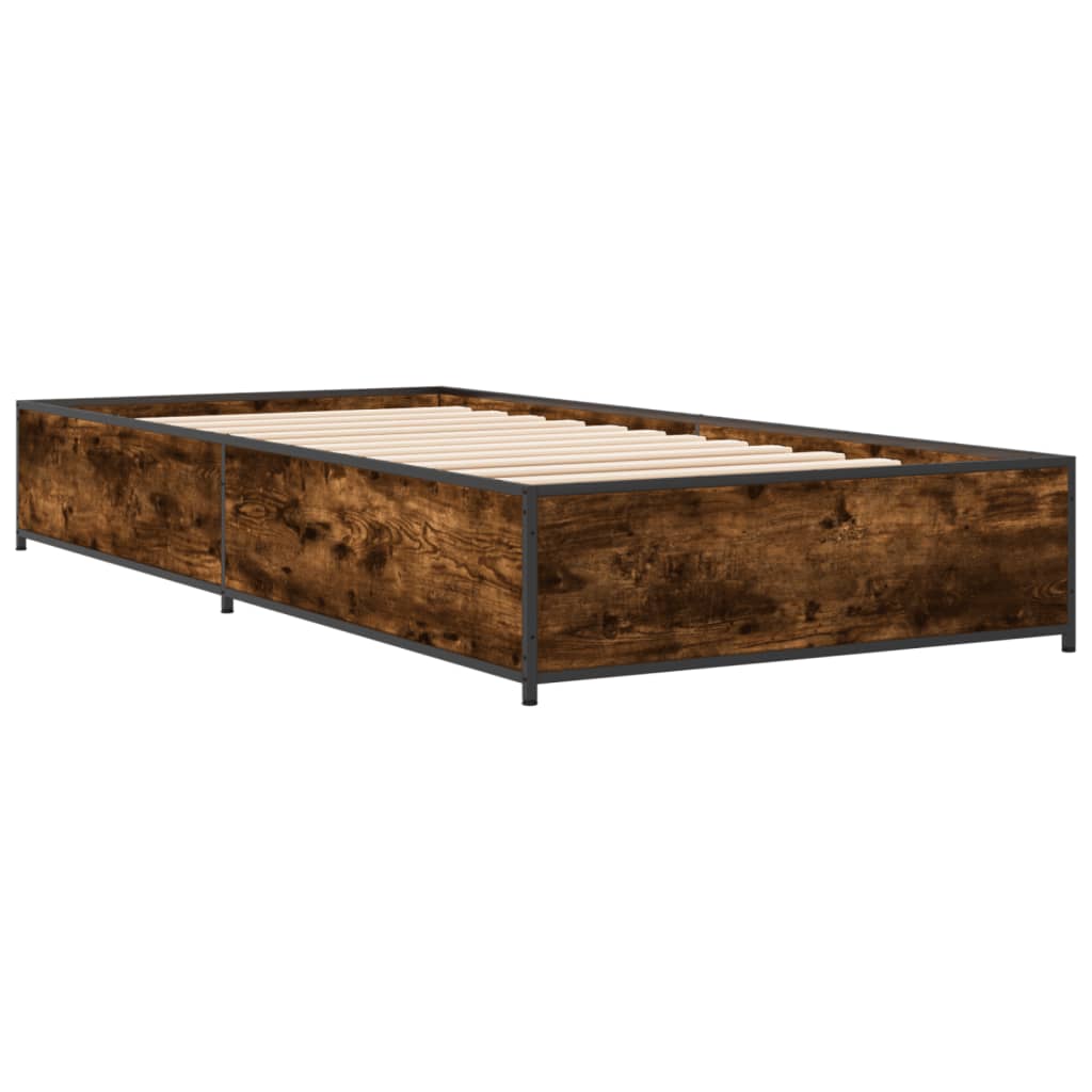Bedframe bewerkt hout en metaal gerookt eikenkleurig 100x200 cm is nu te koop bij PeponiXL, paradijselijk wonen!