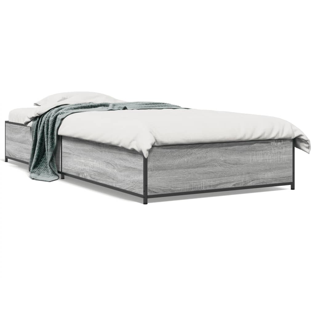 Bedframe bewerkt hout en metaal grijs sonoma eiken 100x200 cm is nu te koop bij PeponiXL, paradijselijk wonen!