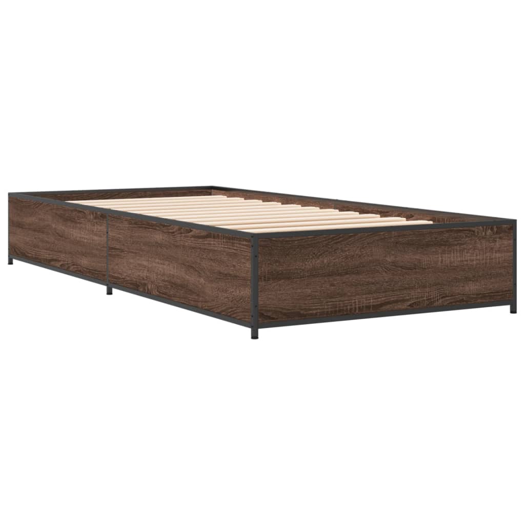 Bedframe bewerkt hout en metaal bruin eikenkleurig 100x200 cm is nu te koop bij PeponiXL, paradijselijk wonen!
