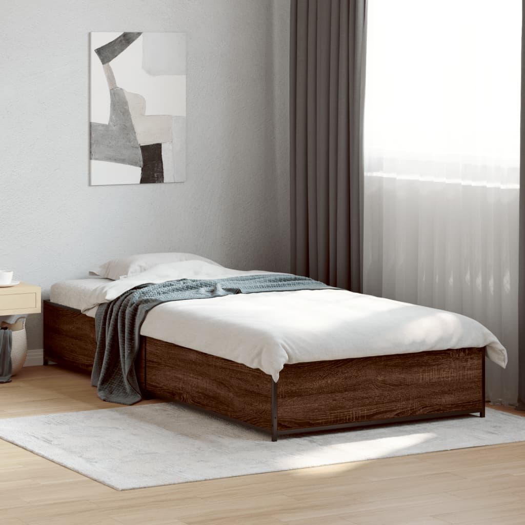 Bedframe bewerkt hout en metaal bruin eikenkleurig 100x200 cm is nu te koop bij PeponiXL, paradijselijk wonen!