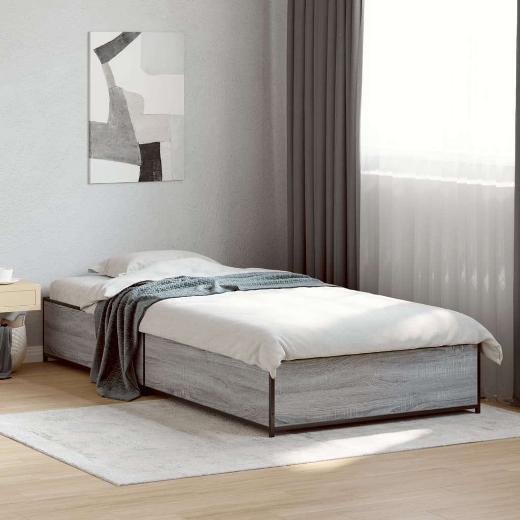 Bedframe bewerkt hout en metaal grijs sonoma eiken 90x190 cm is nu te koop bij PeponiXL, paradijselijk wonen!