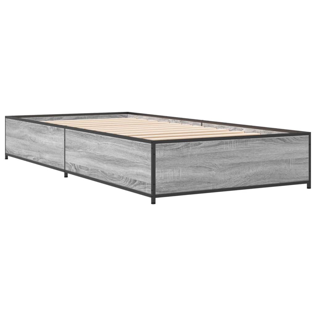 Bedframe bewerkt hout en metaal grijs sonoma eiken 90x190 cm is nu te koop bij PeponiXL, paradijselijk wonen!