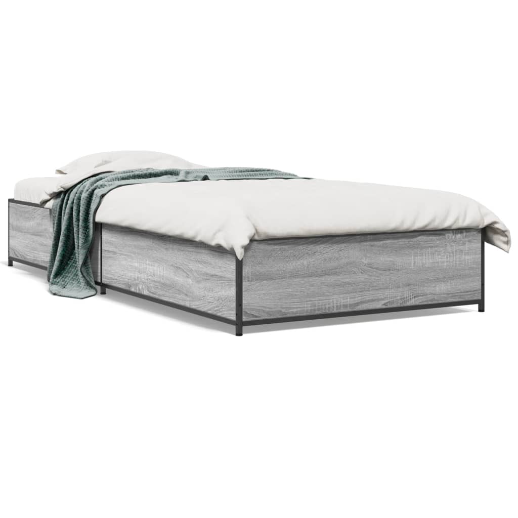 Bedframe bewerkt hout en metaal grijs sonoma eiken 90x190 cm is nu te koop bij PeponiXL, paradijselijk wonen!