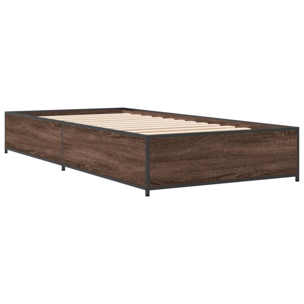 Bedframe bewerkt hout en metaal bruin eikenkleurig 90x190 cm is nu te koop bij PeponiXL, paradijselijk wonen!
