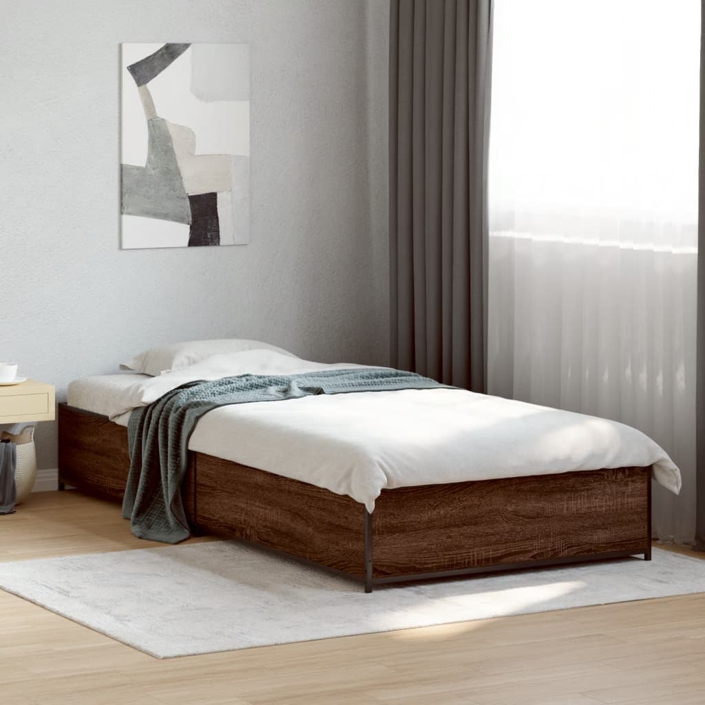 Bedframe bewerkt hout en metaal bruin eikenkleurig 90x190 cm is nu te koop bij PeponiXL, paradijselijk wonen!