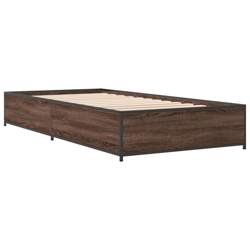 Bedframe bewerkt hout en metaal bruin eikenkleurig 90x190 cm is nu te koop bij PeponiXL, paradijselijk wonen!