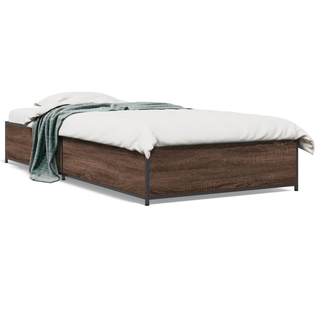 Bedframe bewerkt hout en metaal bruin eikenkleurig 90x190 cm is nu te koop bij PeponiXL, paradijselijk wonen!
