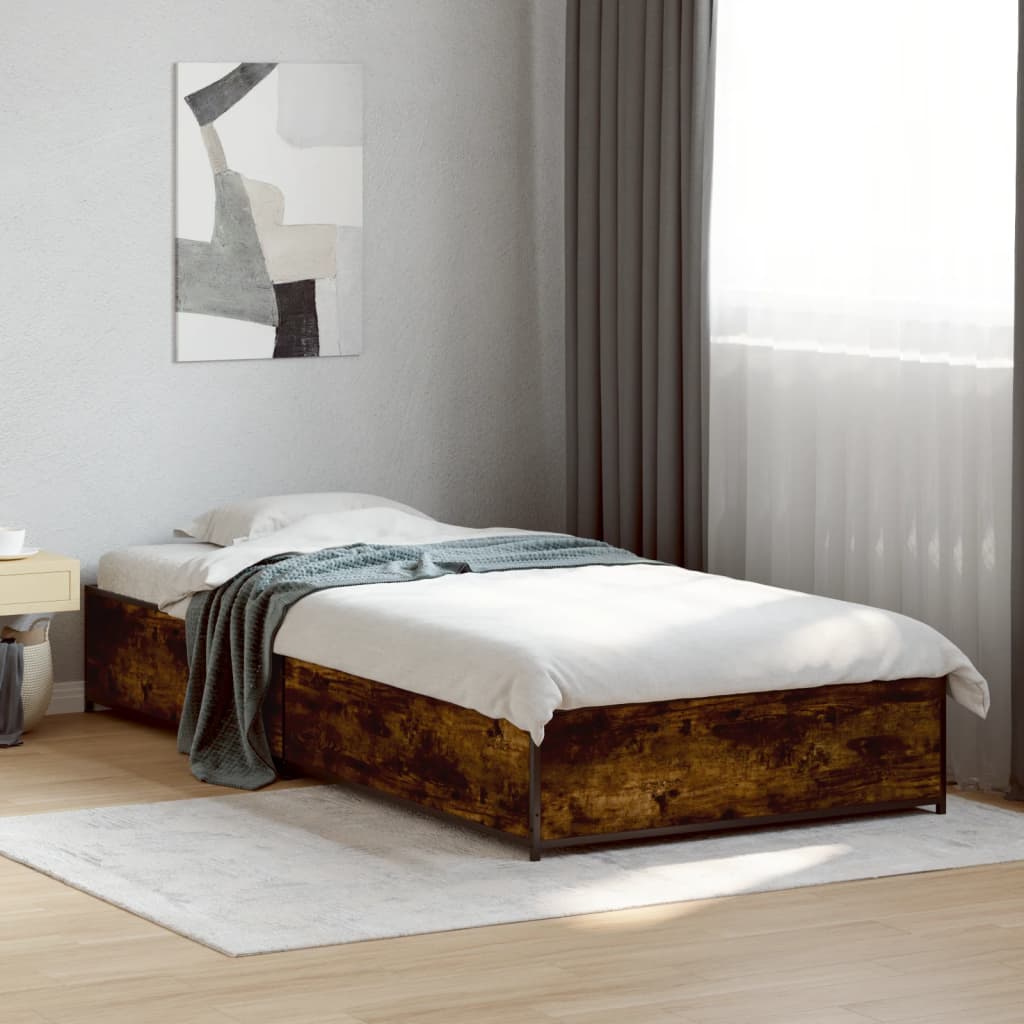 Bedframe bewerkt hout en metaal gerookt eikenkleurig 75x190 cm is nu te koop bij PeponiXL, paradijselijk wonen!