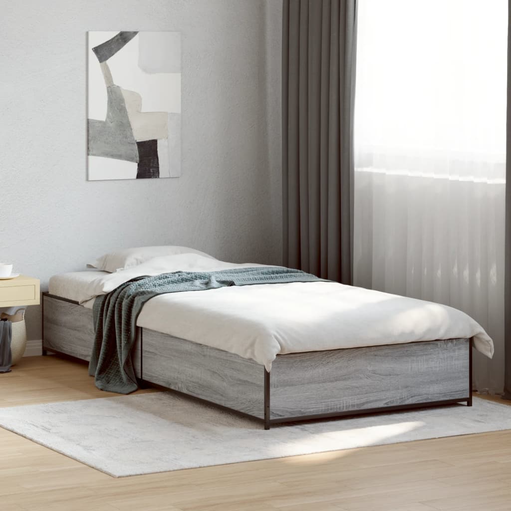 Bedframe bewerkt hout en metaal grijs sonoma eiken 75x190 cm is nu te koop bij PeponiXL, paradijselijk wonen!