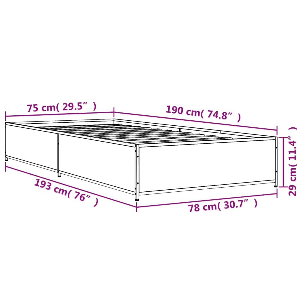 Bedframe bewerkt hout en metaal grijs sonoma eiken 75x190 cm is nu te koop bij PeponiXL, paradijselijk wonen!