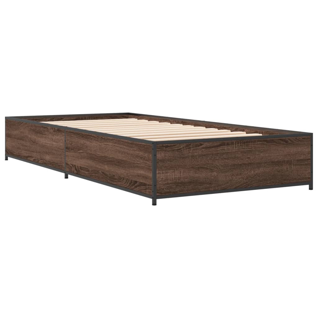 Bedframe bewerkt hout en metaal bruin eikenkleurig 75x190 cm is nu te koop bij PeponiXL, paradijselijk wonen!