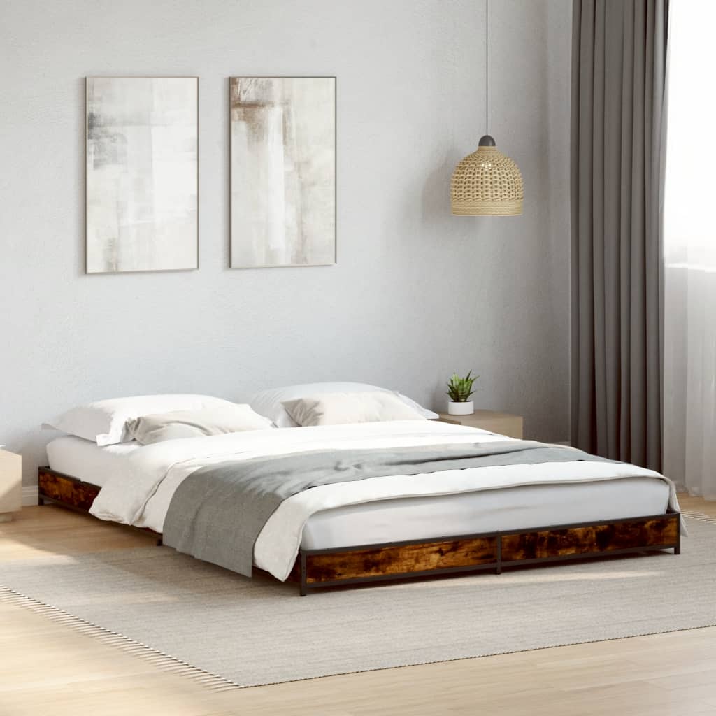 Bedframe bewerkt hout metaal gerookt eikenkleurig 120x200 cm is nu te koop bij PeponiXL, paradijselijk wonen!