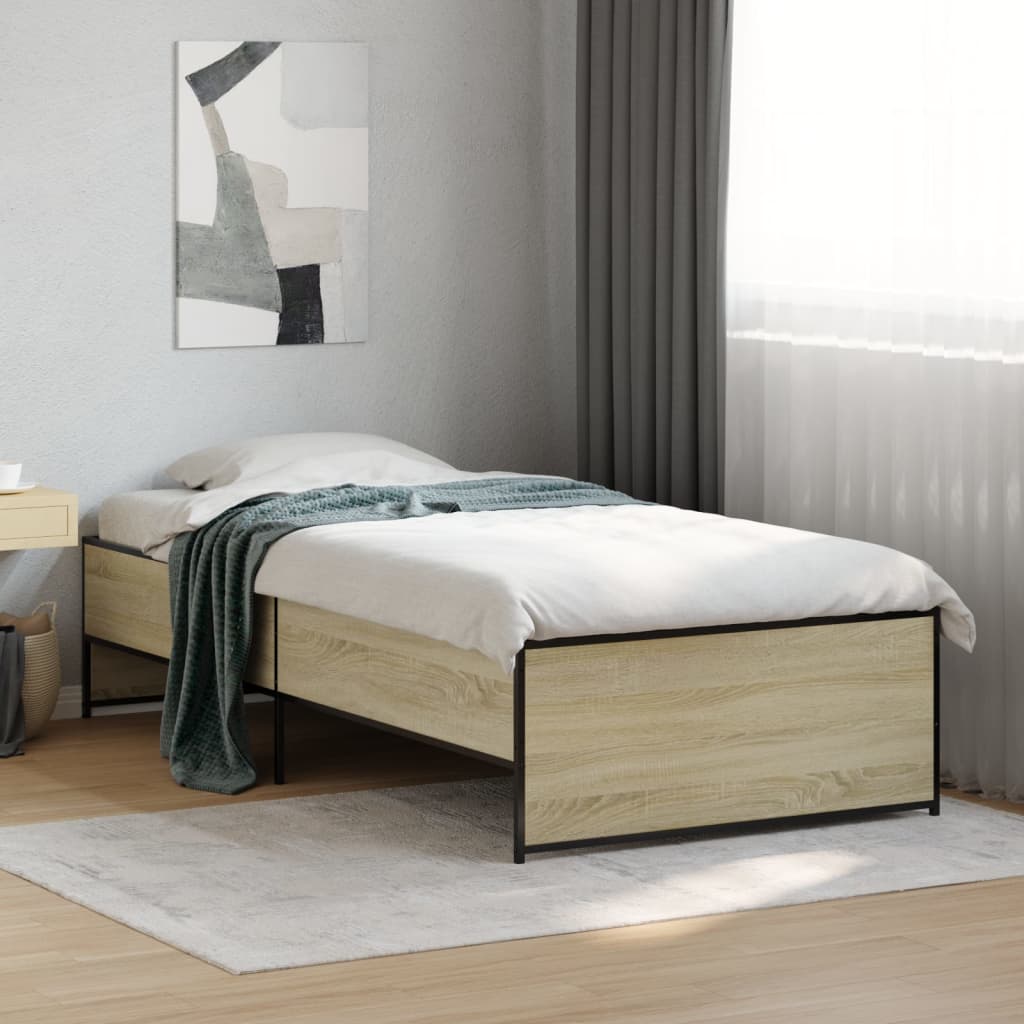 Bedframe bewerkt hout en metaal sonoma eikenkleurig 100x200 cm is nu te koop bij PeponiXL, paradijselijk wonen!