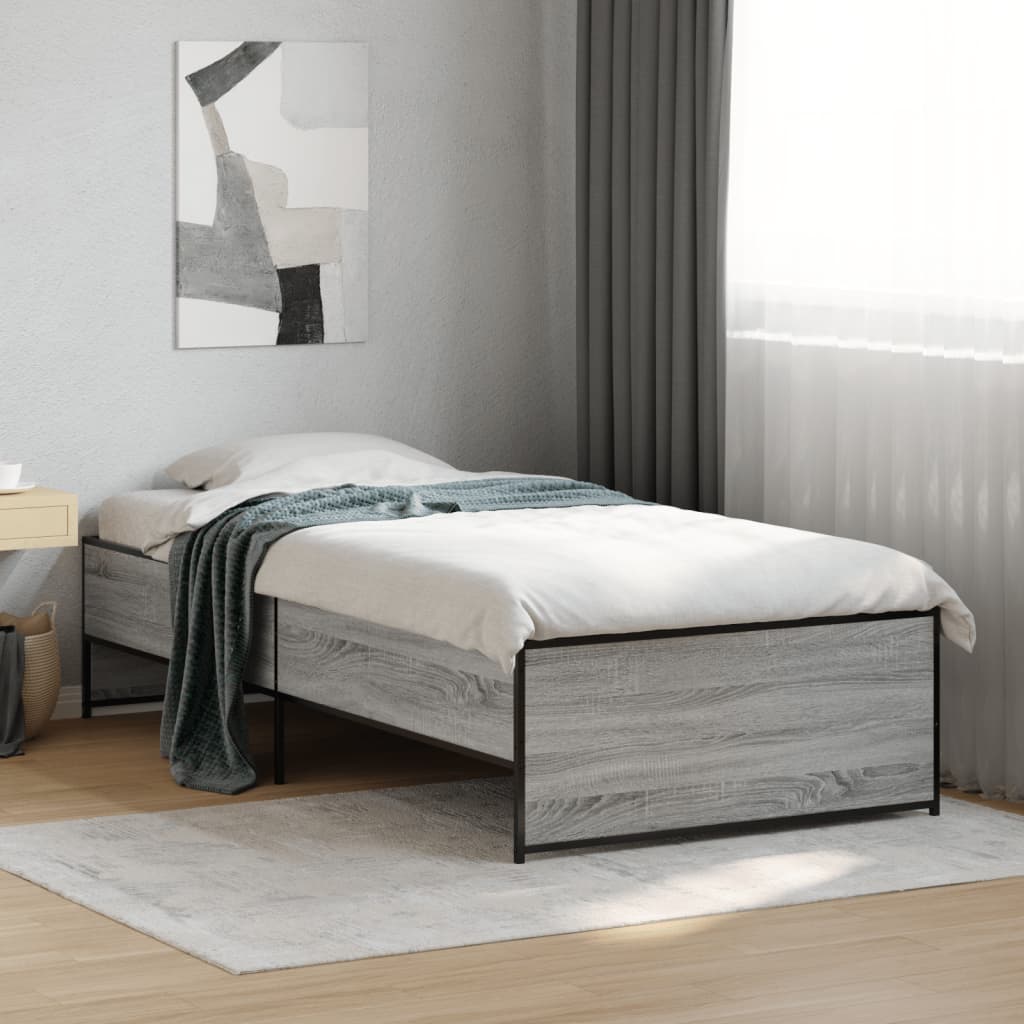 Bedframe bewerkt hout en metaal grijs sonoma eiken 100x200 cm is nu te koop bij PeponiXL, paradijselijk wonen!