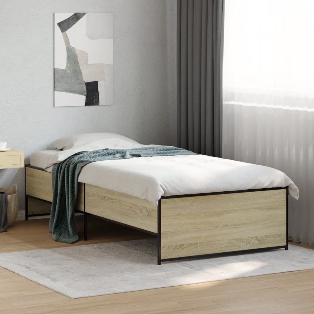 Bedframe bewerkt hout en metaal sonoma eikenkleurig 90x200 cm is nu te koop bij PeponiXL, paradijselijk wonen!