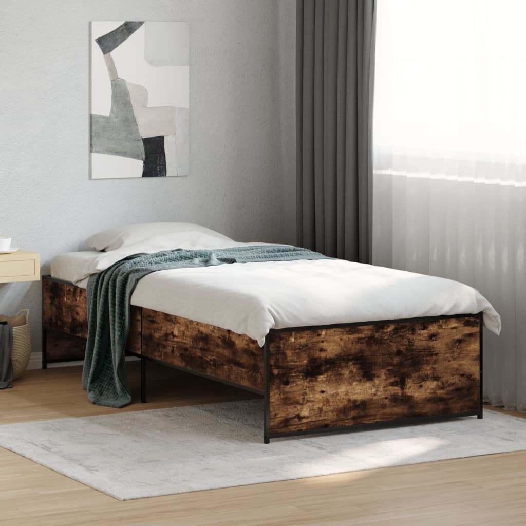 Bedframe bewerkt hout en metaal gerookt eikenkleurig 90x200 cm is nu te koop bij PeponiXL, paradijselijk wonen!
