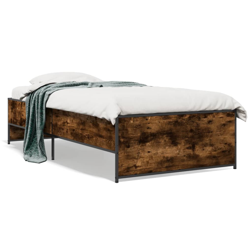 Bedframe bewerkt hout en metaal gerookt eikenkleurig 90x200 cm is nu te koop bij PeponiXL, paradijselijk wonen!