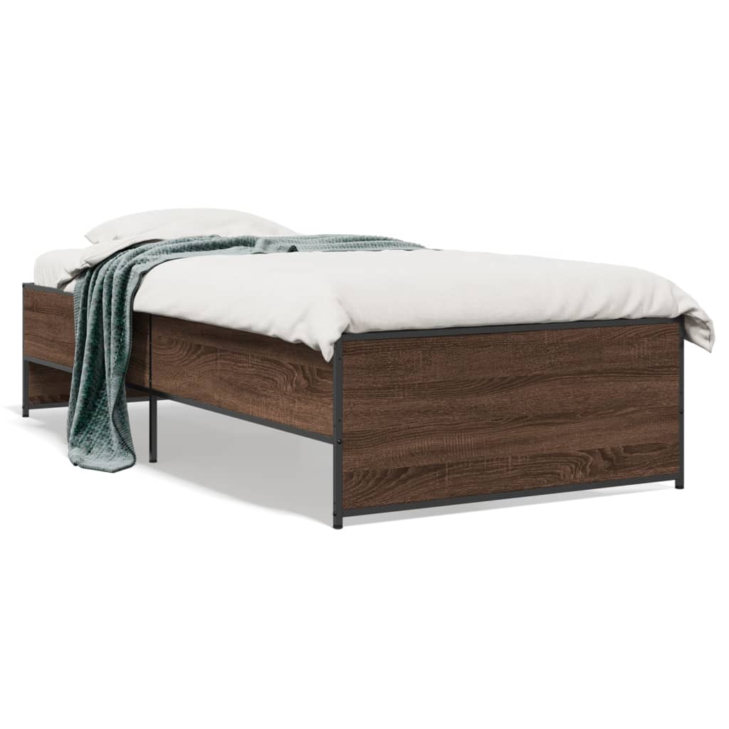 Bedframe bewerkt hout en metaal bruin eikenkleurig 90x200 cm is nu te koop bij PeponiXL, paradijselijk wonen!