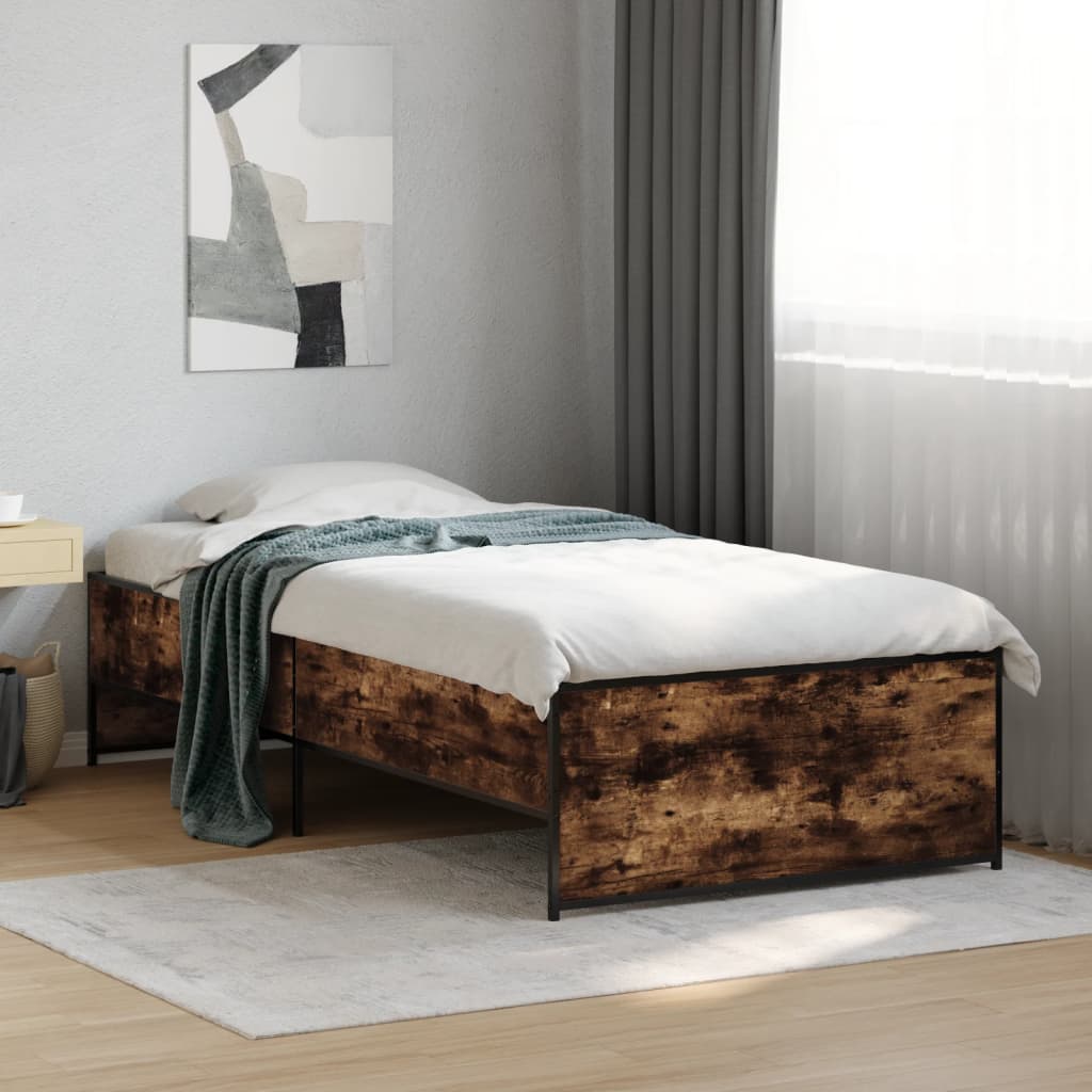 Bedframe bewerkt hout en metaal gerookt eikenkleurig 90x190 cm is nu te koop bij PeponiXL, paradijselijk wonen!
