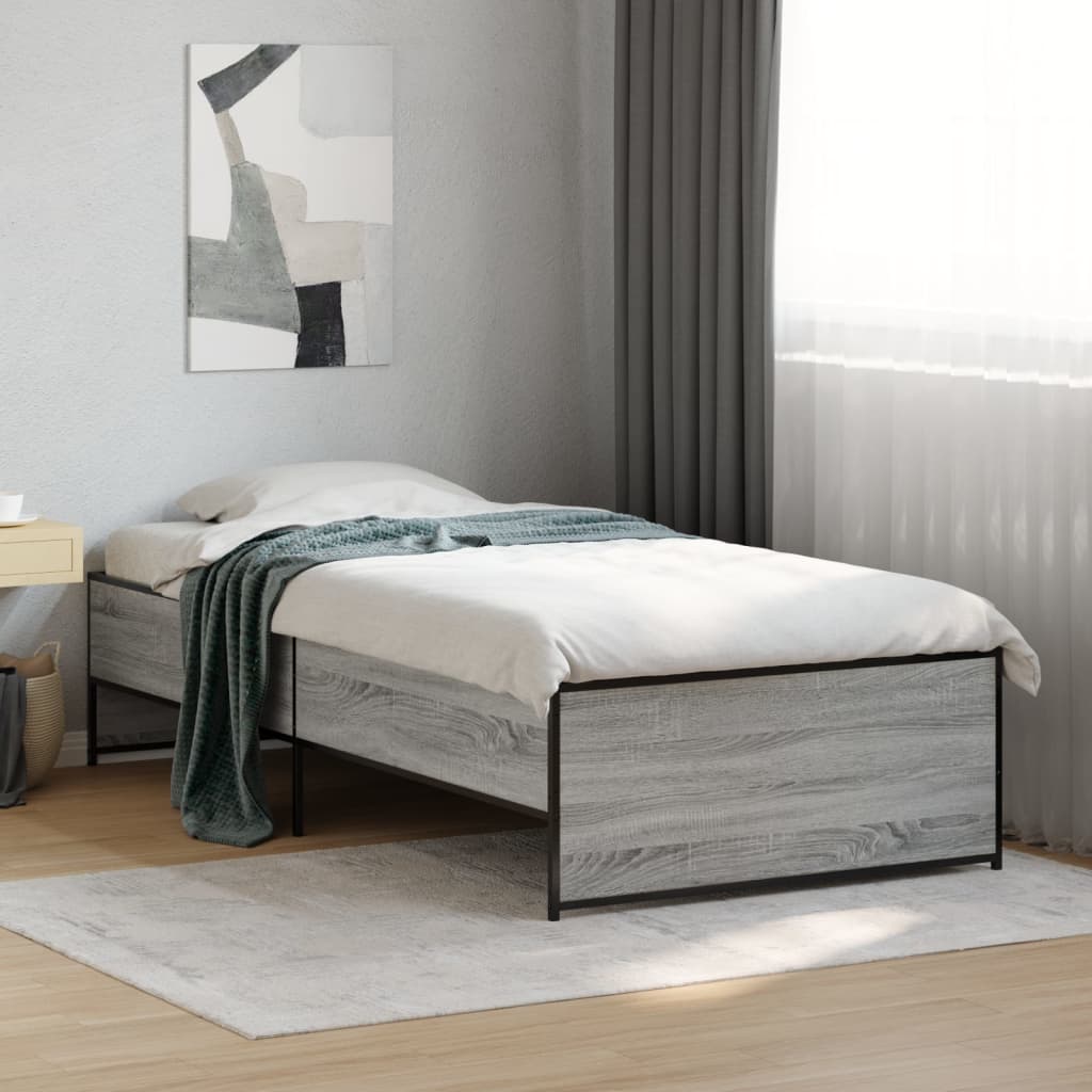 Bedframe bewerkt hout en metaal grijs sonoma eiken 90x190 cm is nu te koop bij PeponiXL, paradijselijk wonen!