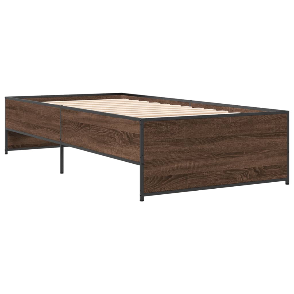 Bedframe bewerkt hout en metaal bruin eikenkleurig 90x190 cm is nu te koop bij PeponiXL, paradijselijk wonen!