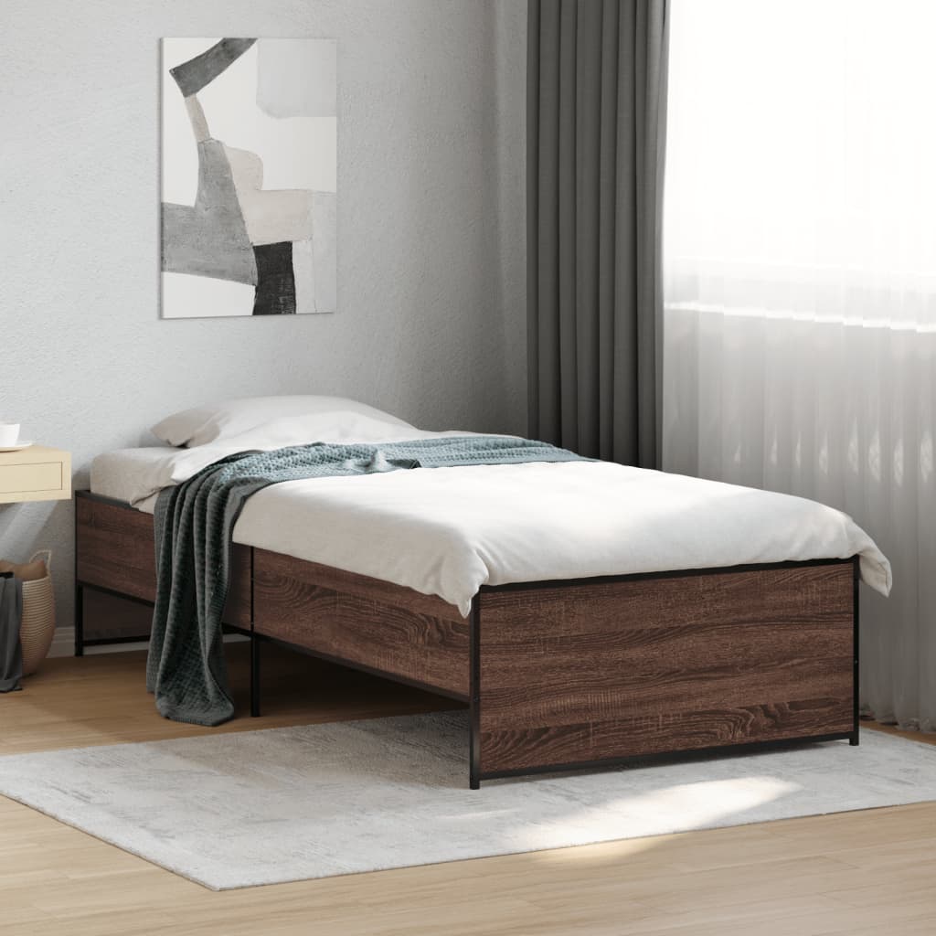 Bedframe bewerkt hout en metaal bruin eikenkleurig 90x190 cm is nu te koop bij PeponiXL, paradijselijk wonen!