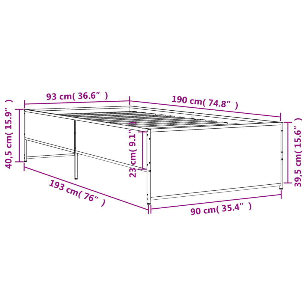Bedframe bewerkt hout en metaal bruin eikenkleurig 90x190 cm is nu te koop bij PeponiXL, paradijselijk wonen!