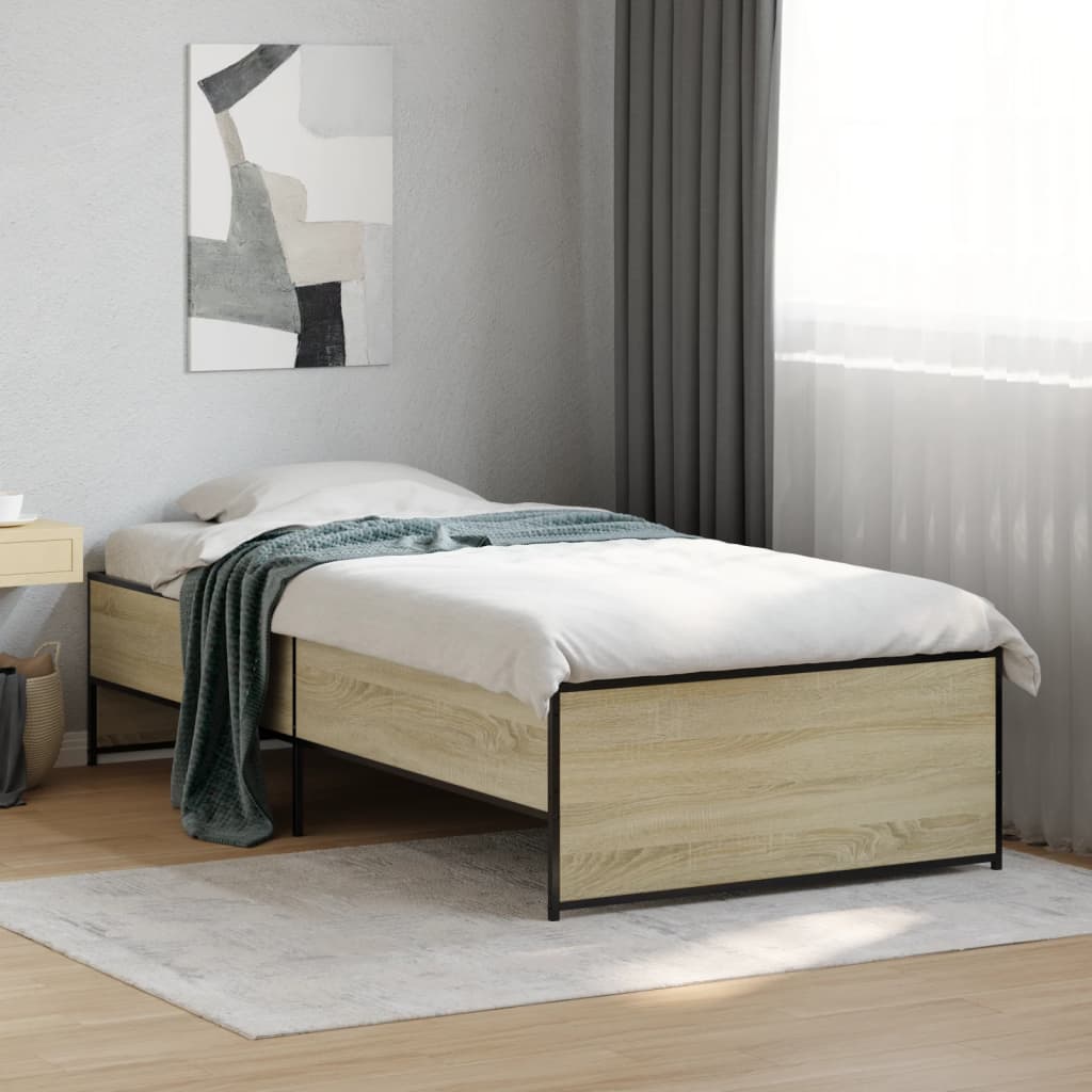Bedframe bewerkt hout en metaal sonoma eikenkleurig 75x190 cm is nu te koop bij PeponiXL, paradijselijk wonen!