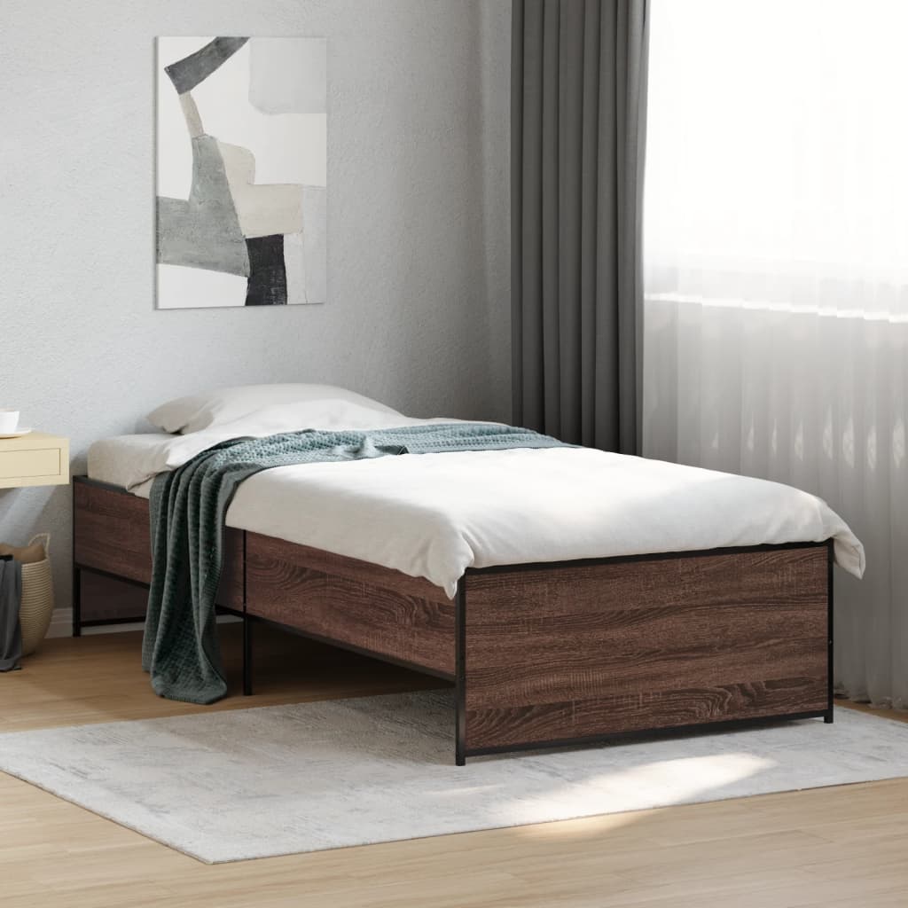 Bedframe bewerkt hout en metaal bruin eikenkleurig 75x190 cm is nu te koop bij PeponiXL, paradijselijk wonen!