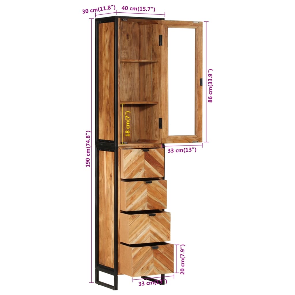Badkamerkast 40x27x190 cm ijzer en massief acaciahout is nu te koop bij PeponiXL, paradijselijk wonen!