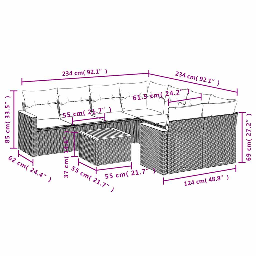 9-delige tuinbankset met kussens van zwart polyrotan is nu te koop bij PeponiXL, paradijselijk wonen!